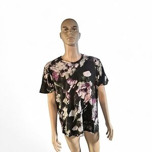INC International Concepts Black and Purple Floral Short Sleeve Tee